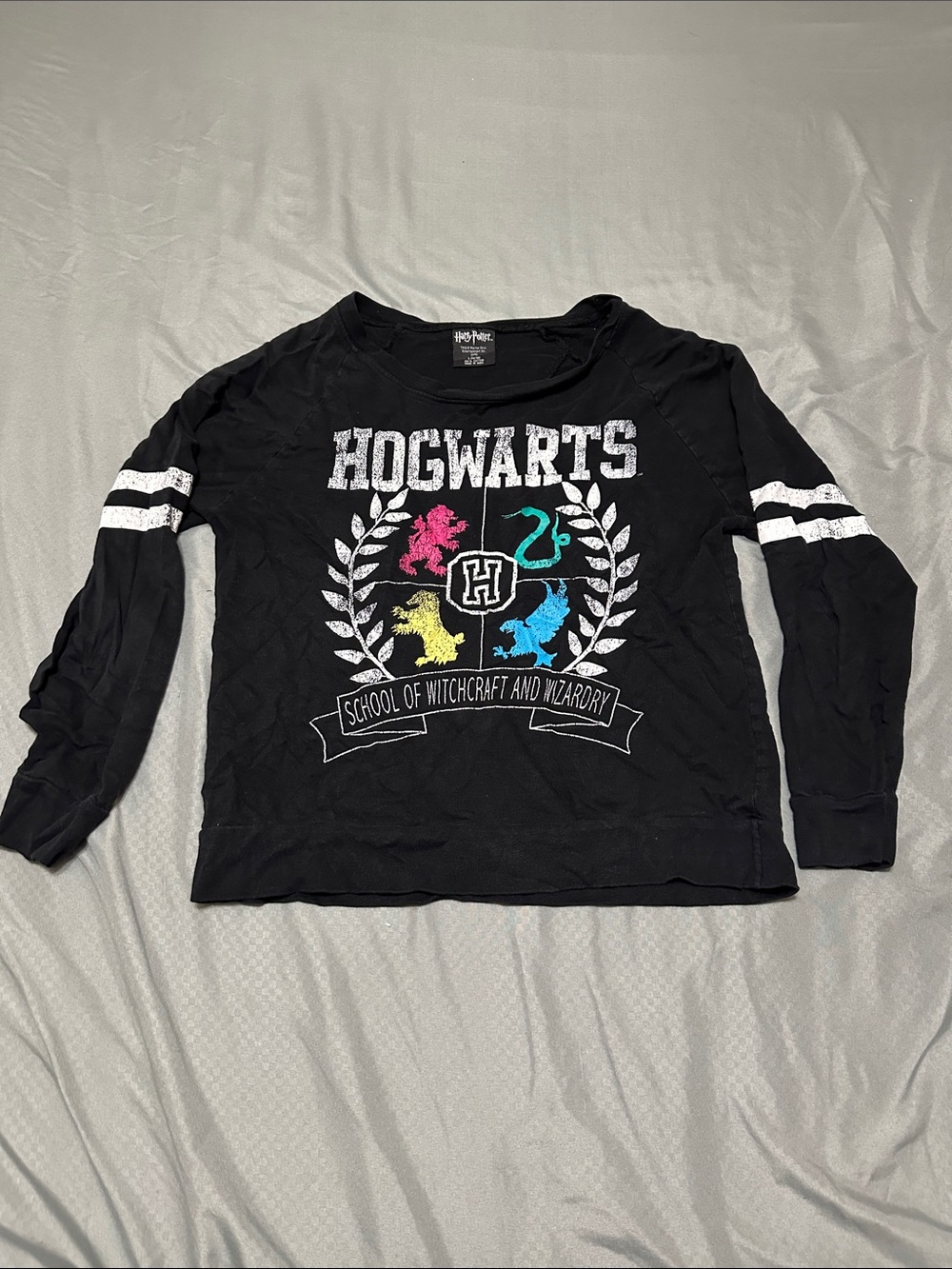 Hogwarts Black Long-Sleeve Kids Tee with House Crest